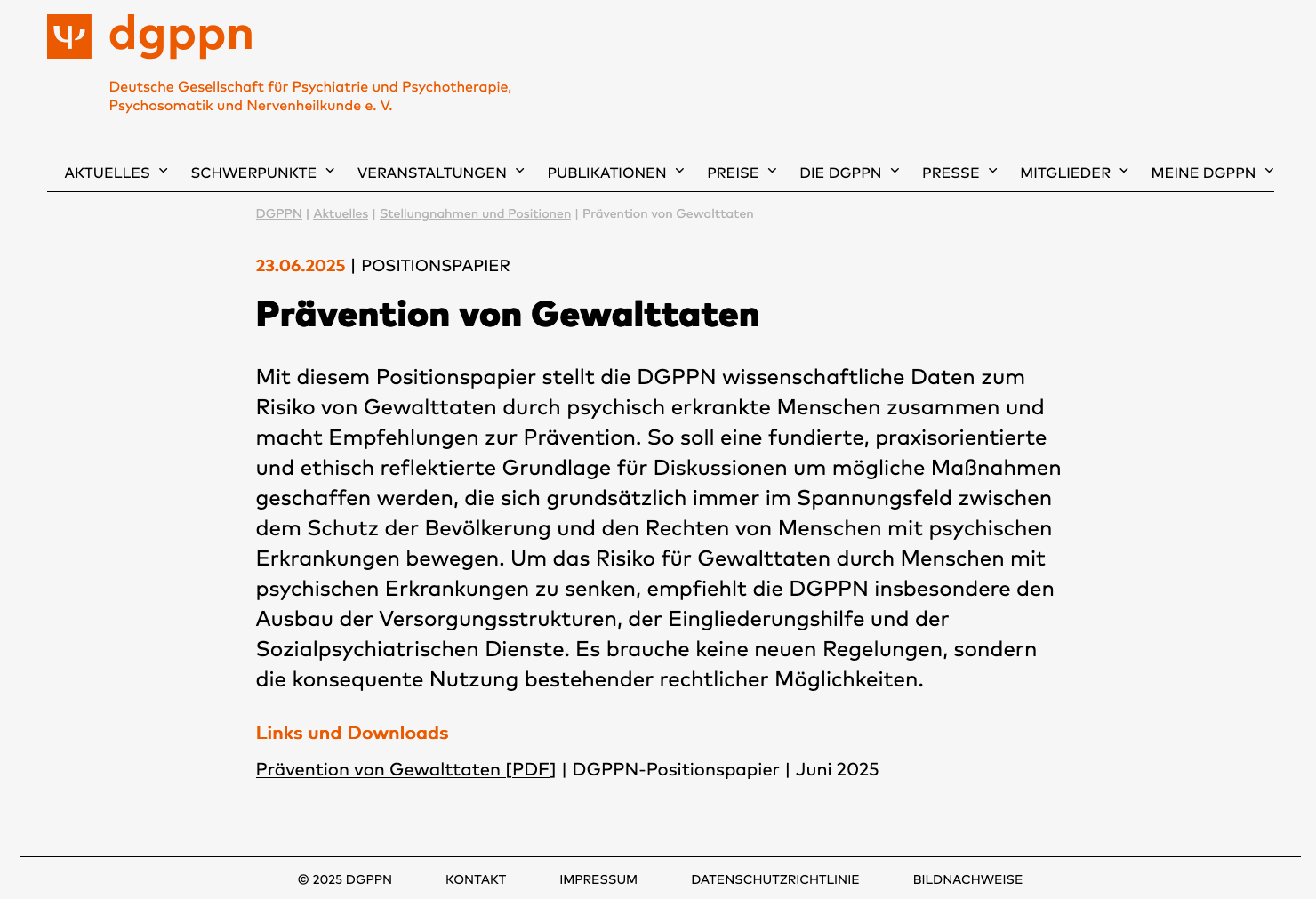 Stellungnahme zum Positionspapier der DGPPN „Prävention von Gewalttaten” vom 23. Juni 2025